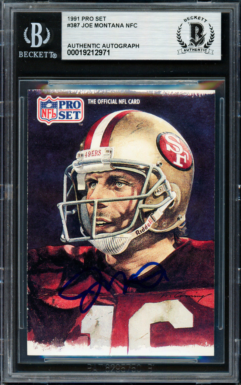 Joe Montana Autographed 1991 Pro Set Card #387 San Francisco 49ers Beckett BAS #19212971