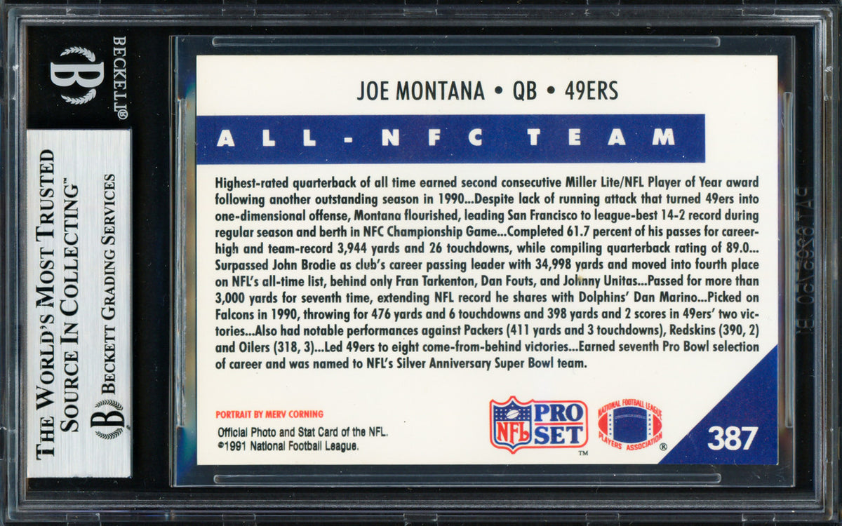 Joe Montana Autographed 1991 Pro Set Card #387 San Francisco 49ers Beckett BAS #19212971