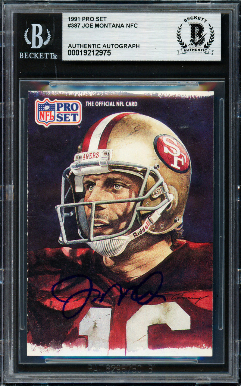 Joe Montana Autographed 1991 Pro Set Card #387 San Francisco 49ers Beckett BAS #19212975