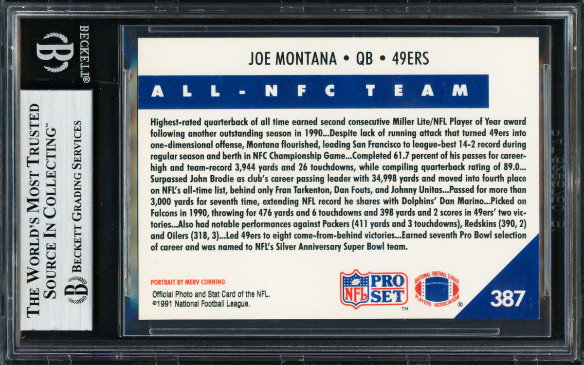 Joe Montana Autographed 1991 Pro Set Card #387 San Francisco 49ers Beckett BAS #19212975