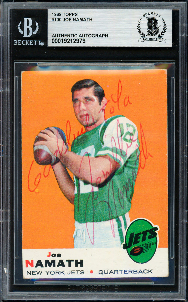 Joe Willie Namath Autographed 1969 Topps Card #100 New York Jets "Good Luck To Ya" Beckett BAS #19212979