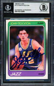 John Stockton Autographed 1988-89 Fleer Rookie Card #115 Utah Jazz Beckett BAS #19213095