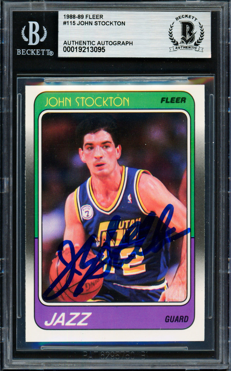 John Stockton Autographed 1988-89 Fleer Rookie Card #115 Utah Jazz Beckett BAS #19213095