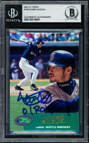 Ichiro Suzuki Autographed 2001 eTopps Rookie Card #100 Seattle Mariners "01 ROY/MVP" Beckett BAS #19214041
