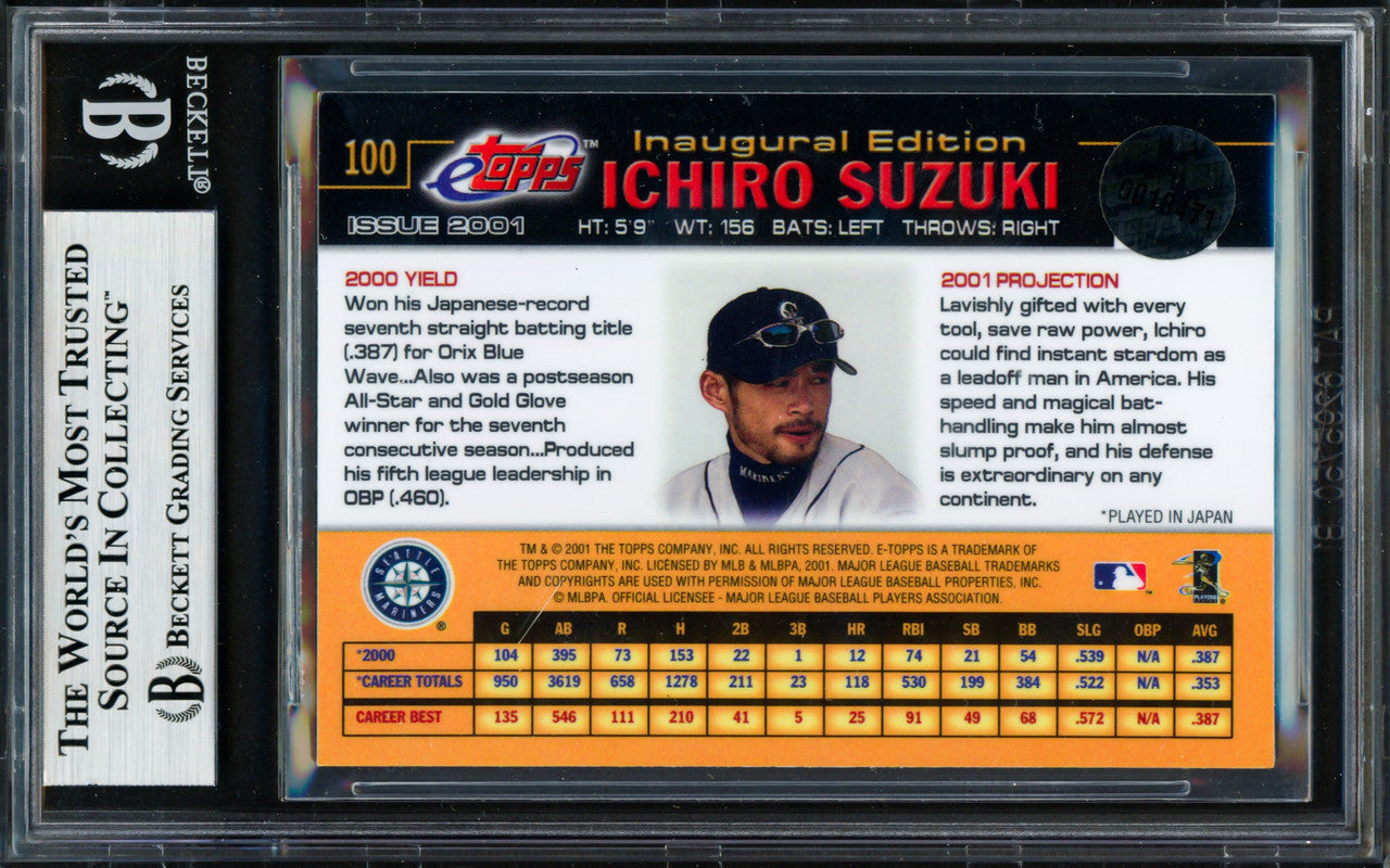 Ichiro Suzuki Autographed 2001 eTopps Rookie Card #100 Seattle Mariners "01 ROY/MVP" Beckett BAS #19214041