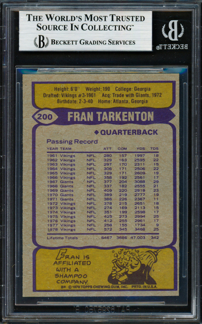 Fran Tarkenton Autographed 1979 Topps Card #200 Minnesota Vikings Beckett BAS #19208111