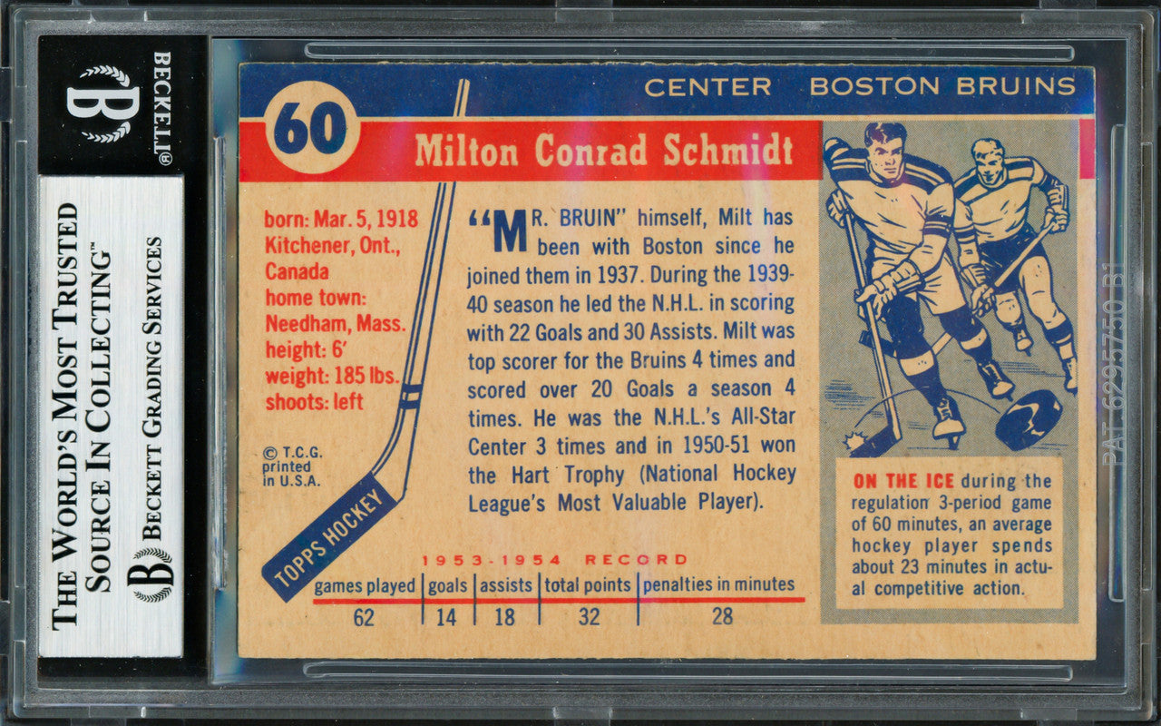 Milt Schmidt Autographed 1954-55 Topps Card #60 Boston Bruins Beckett BAS #19207577