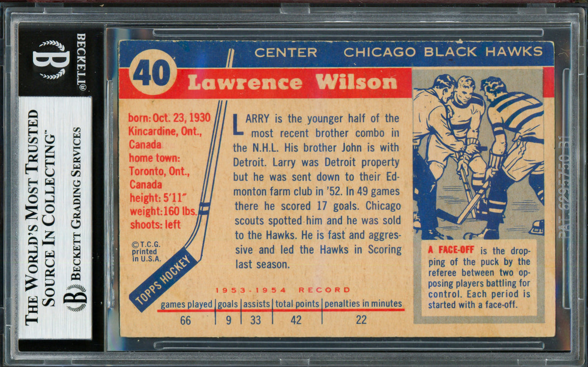 Larry Wilson Autographed 1954-55 Topps Card #40 Chicago Black Hawks Beckett BAS #19207579