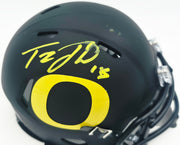 Tez Johnson Autographed Oregon Ducks Matte Black Speed Mini Helmet (Smudged) JSA Witness #WC196032