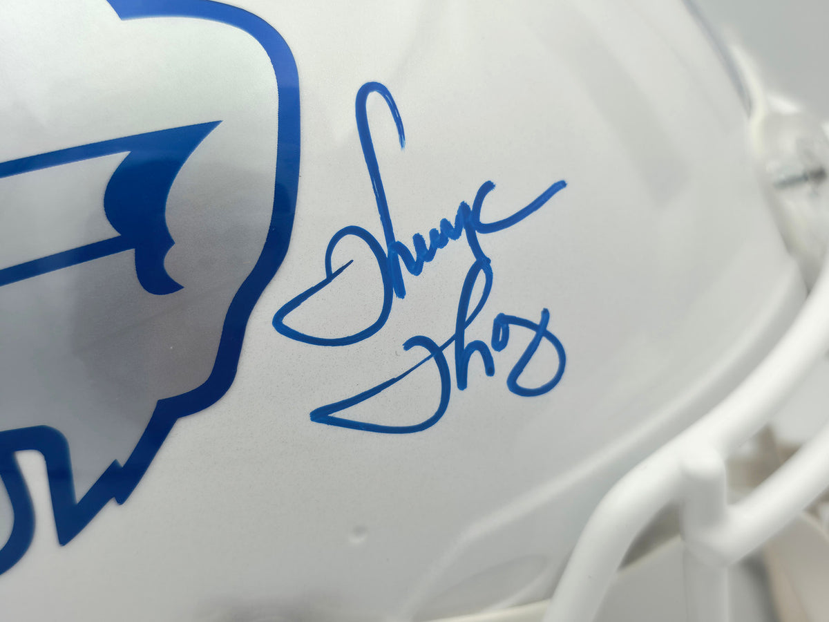Jim Kelly, Thurman Thomas & Andre Reed Autographed Buffalo Bills Rivalries White Full Size Speed Authentic Helmet (Smudged) Beckett BAS Witness #4W369388