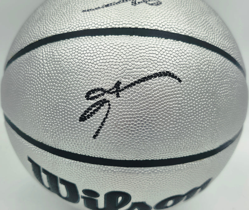 Allen Iverson Autographed Platinum Edition Composite Leather Basketball Philadelphia 76ers (Signed Twice) Beckett BAS Witness #3W343064
