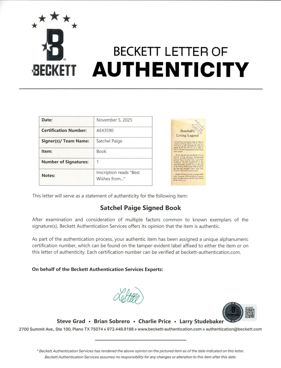 Satchel Paige Autographed Maybe I'll Pitch Forever Book Negro Leagues "Best Wishes" Beckett BAS #AE43590