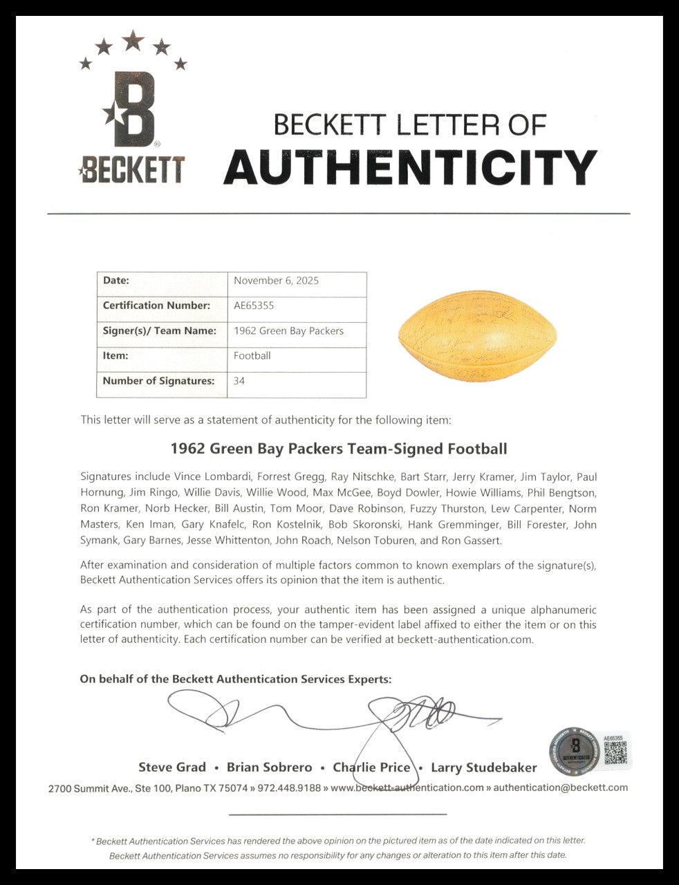 1962 Green Bay Packers NFL Champions Autographed Official NFL Leather Wilson Football With 34 Signatures Including Vince Lombardi Beckett BAS QR #AE65355