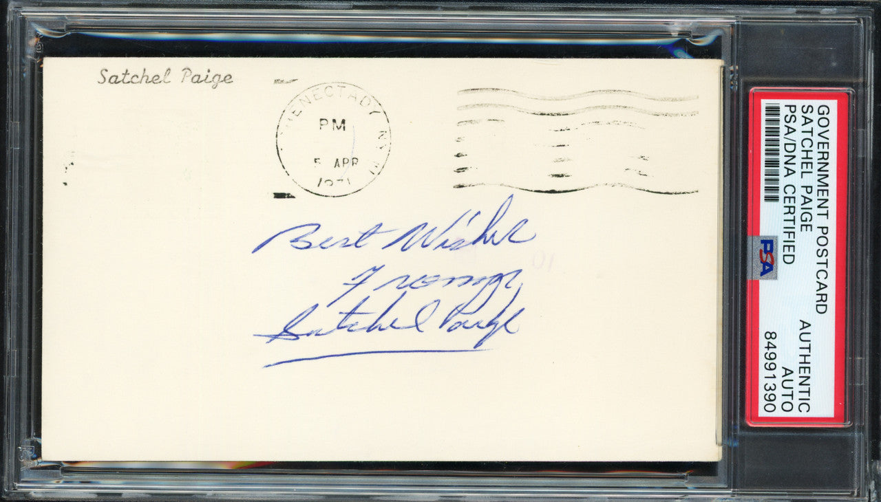 Satchel Paige Autographed Government Postcard #3.5x5.5 Negro Leagues PSA/DNA #84991390