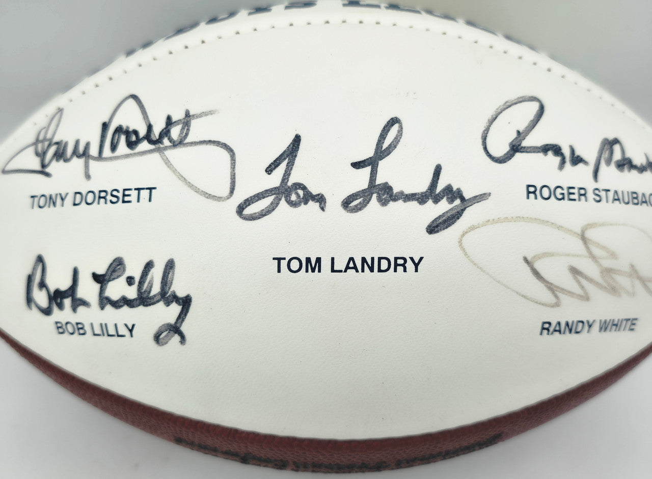 Dallas Cowboys Legends Autographed Official NFL White Logo Football With 5 Signatures Including Tom Landry JSA #Y09851