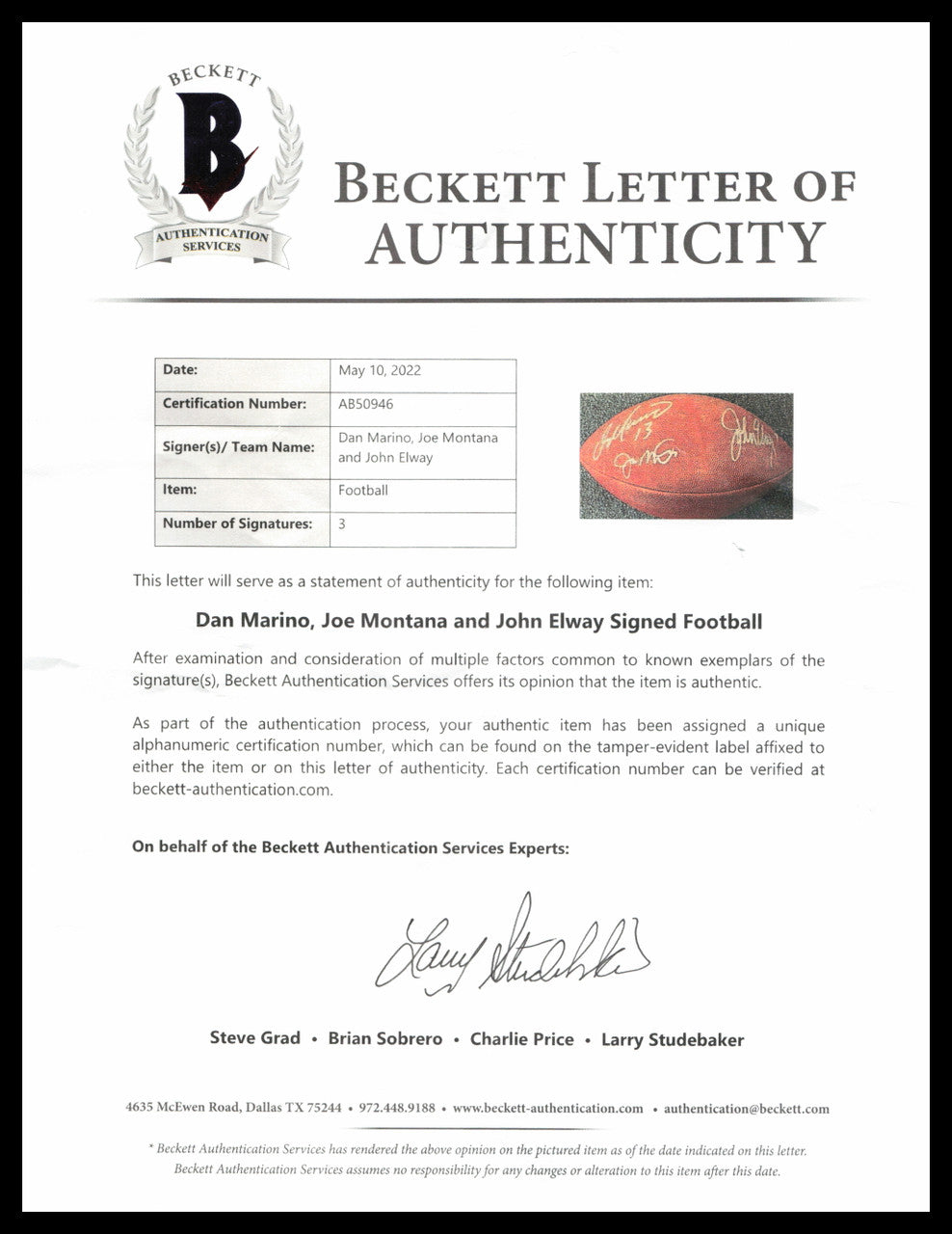 Joe Montana, John Elway & Dan Marino Autographed Official NFL Leather Game Football Beckett BAS #AB50946