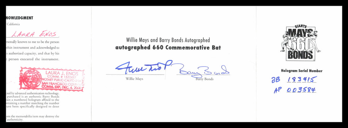 Willie Mays & Barry Bonds Autographed Black 660 Home Run Logo SAM Baseball Bat San Francisco Giants "Dated" WM Collection & MLB Holo #BB183445