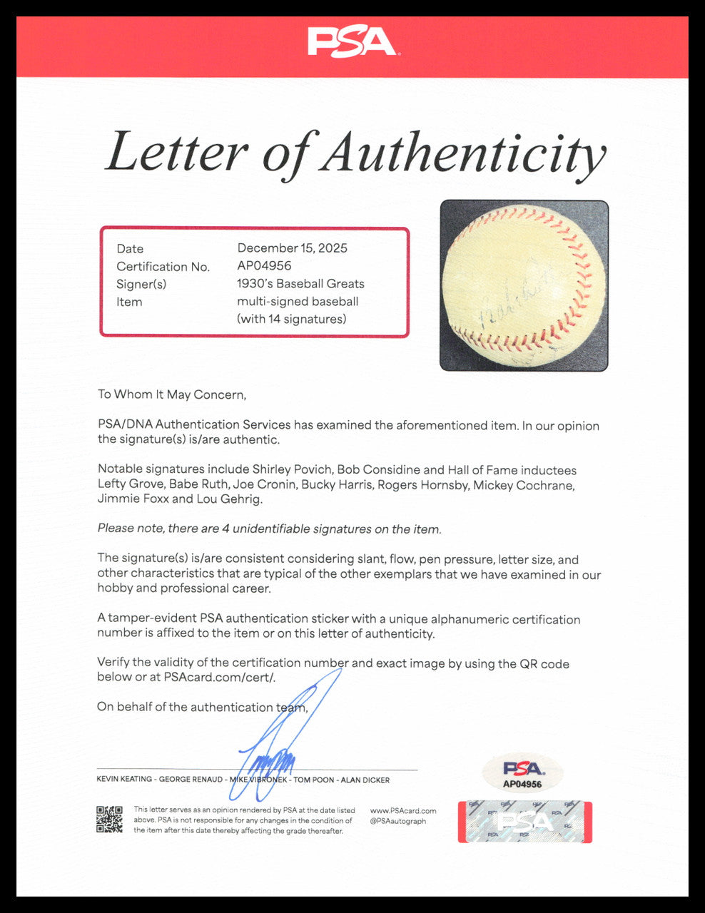 1930's Greats Autographed Official AL Baseball With 14 Signatures Including Babe Ruth, Lou Gehrig & Jimmie Foxx PSA/DNA #AP04956
