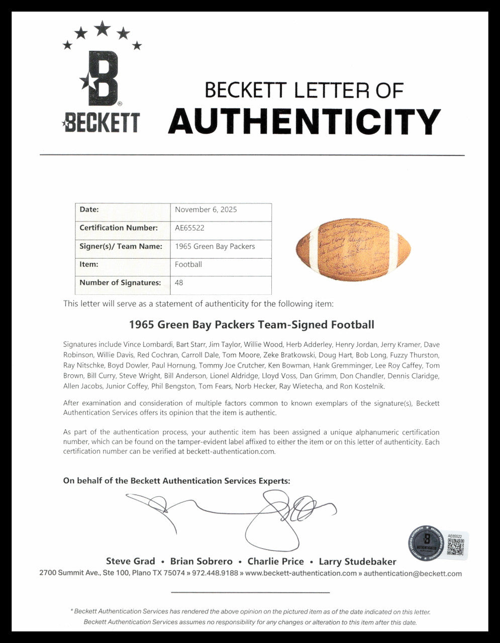 1965 NFL Champions Green Bay Packers Team Autographed Official NFL Leather MacGregor Football With 48 Signatures Including Vince Lombardi Beckett BAS #AE65522