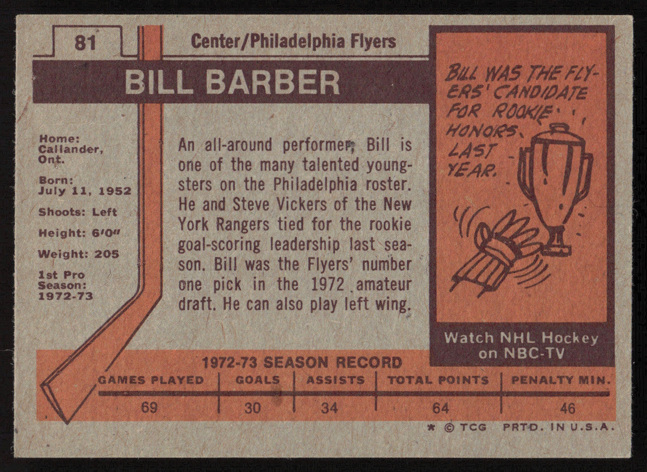 Bill Barber Autographed 1973-74 Topps Card #81 Philadelphia Flyers SKU #258305