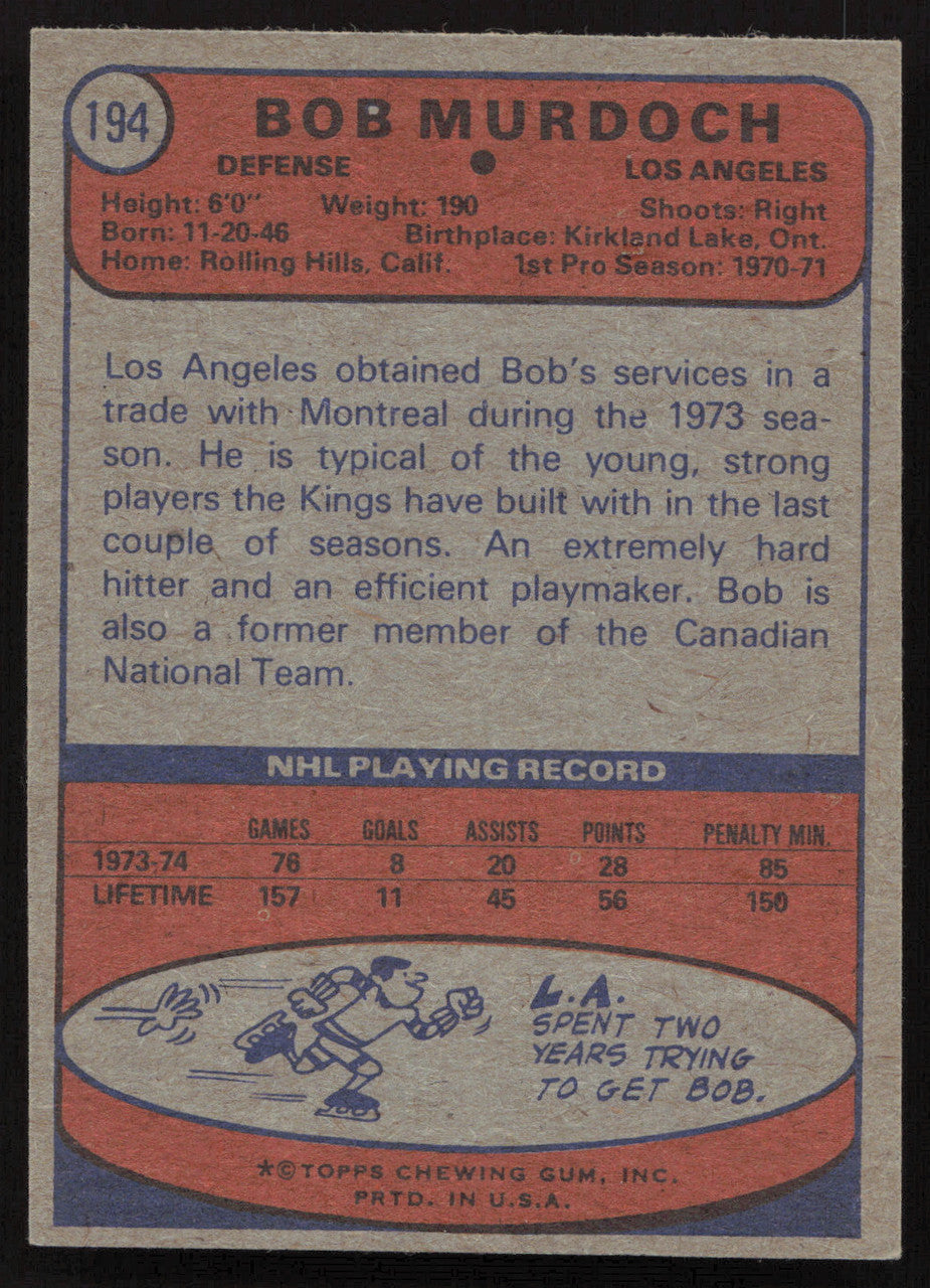 Bob Murdoch Autographed 1974-75 Topps Rookie Card #194 Los Angeles Kings SKU #258322