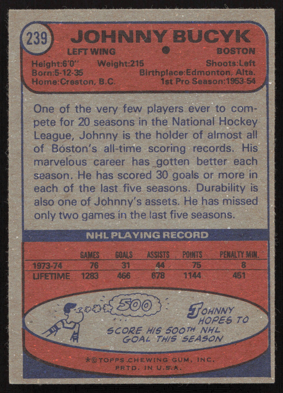 John Johnny Bucyk Autographed 1974-75 Topps Card #239 Boston Bruins SKU #258326