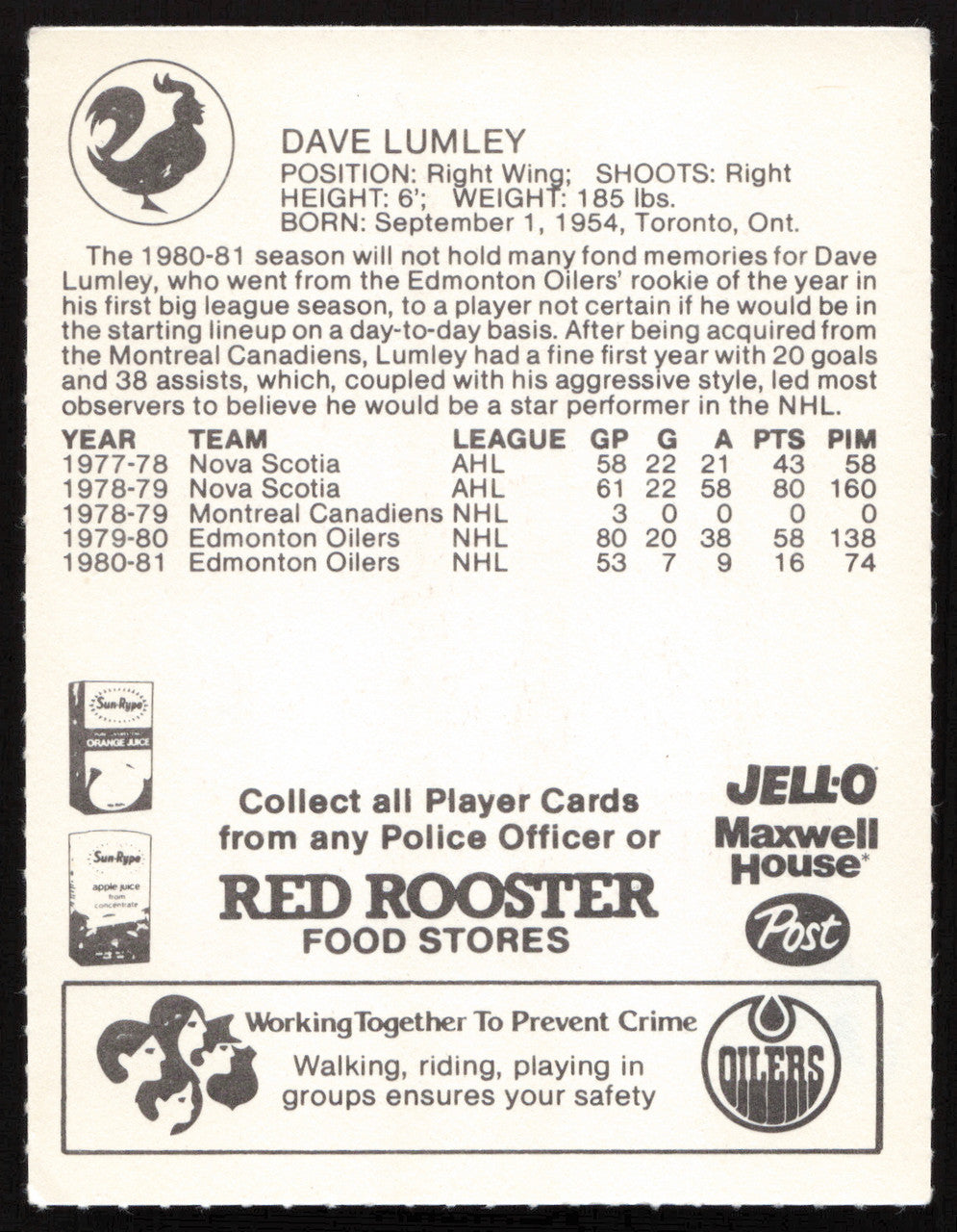 Dave Lumley Autographed 1981-82 Red Rooster Card Edmonton Oilers SKU #258329