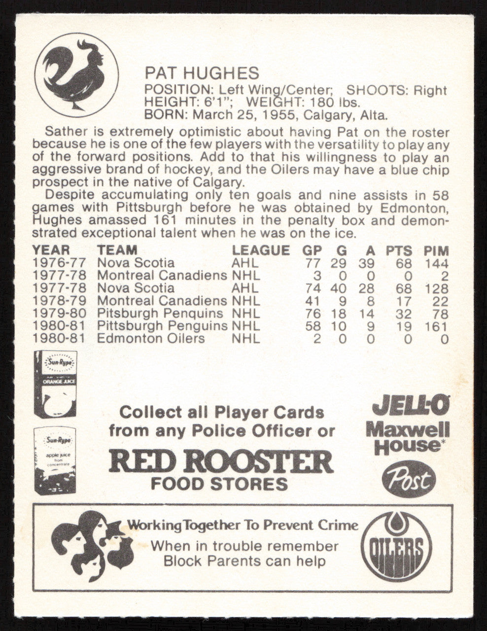 Pat Hughes Autographed 1981-82 Red Rooster Card Edmonton Oilers SKU #258330