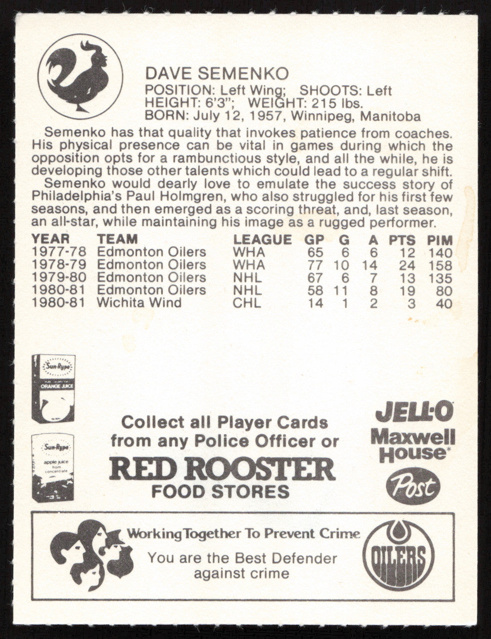 Dave Semenko Autographed 1981-82 Red Rooster Card Edmonton Oilers SKU #258333
