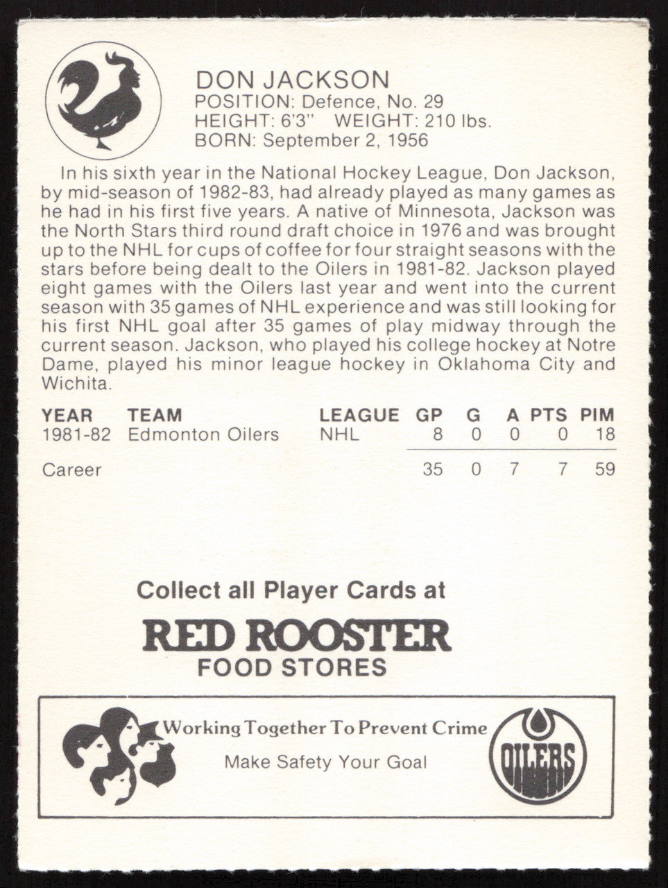 Don Jackson Autographed 1982-83 Red Rooster Rookie Card Edmonton Oilers SKU #258345