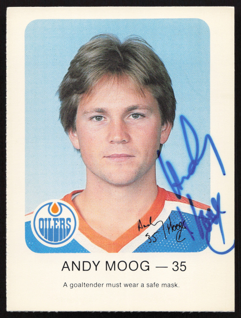 Andy Moog Autographed 1982-83 Red Rooster Card Edmonton Oilers SKU #258352