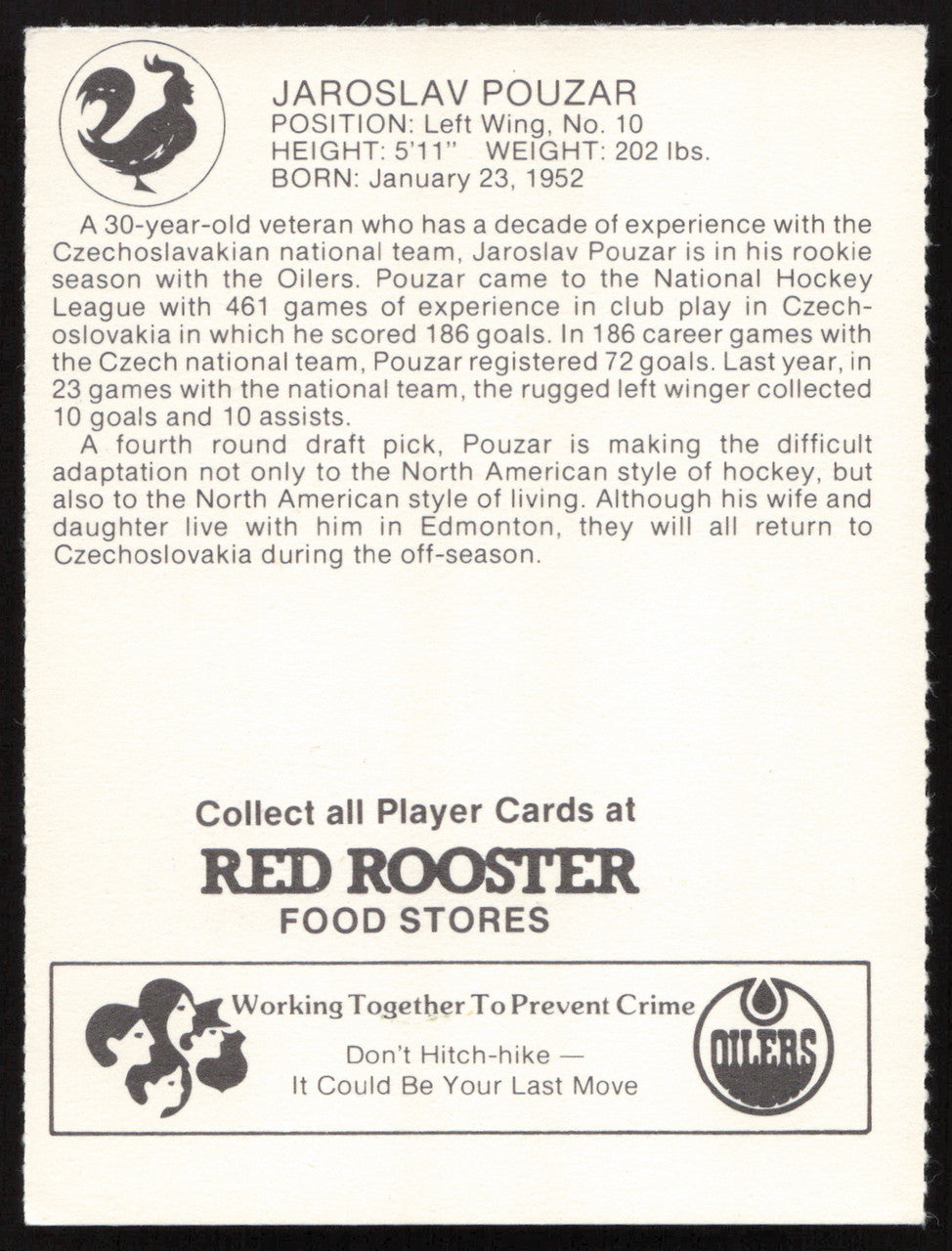 Jaroslav Pouzar Autographed 1982-83 Red Rooster Rookie Card Edmonton Oilers SKU #258353