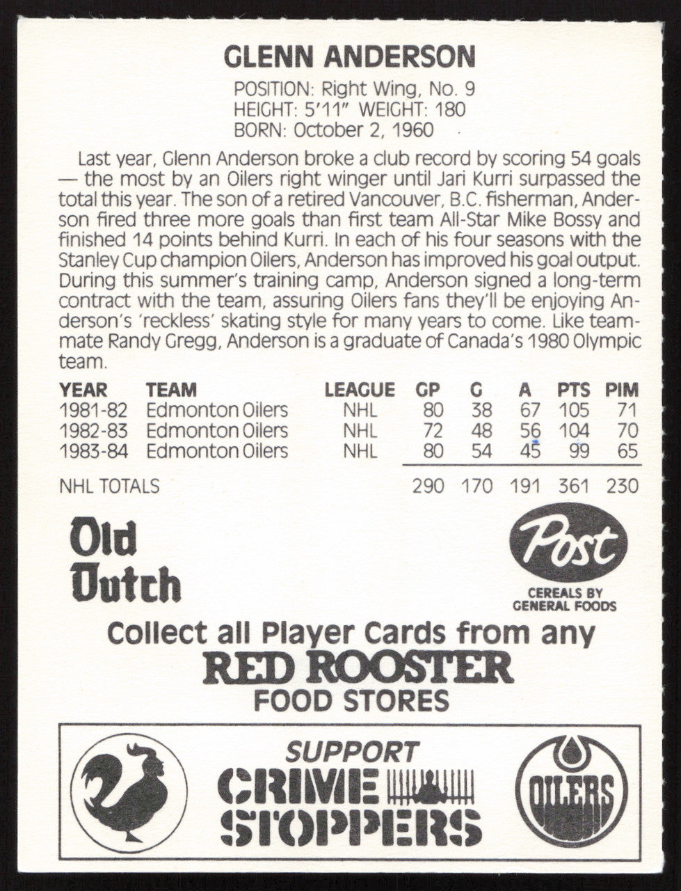 Glenn Anderson Autographed 1984-85 Post Red Rooster Card Edmonton Oilers SKU #258360
