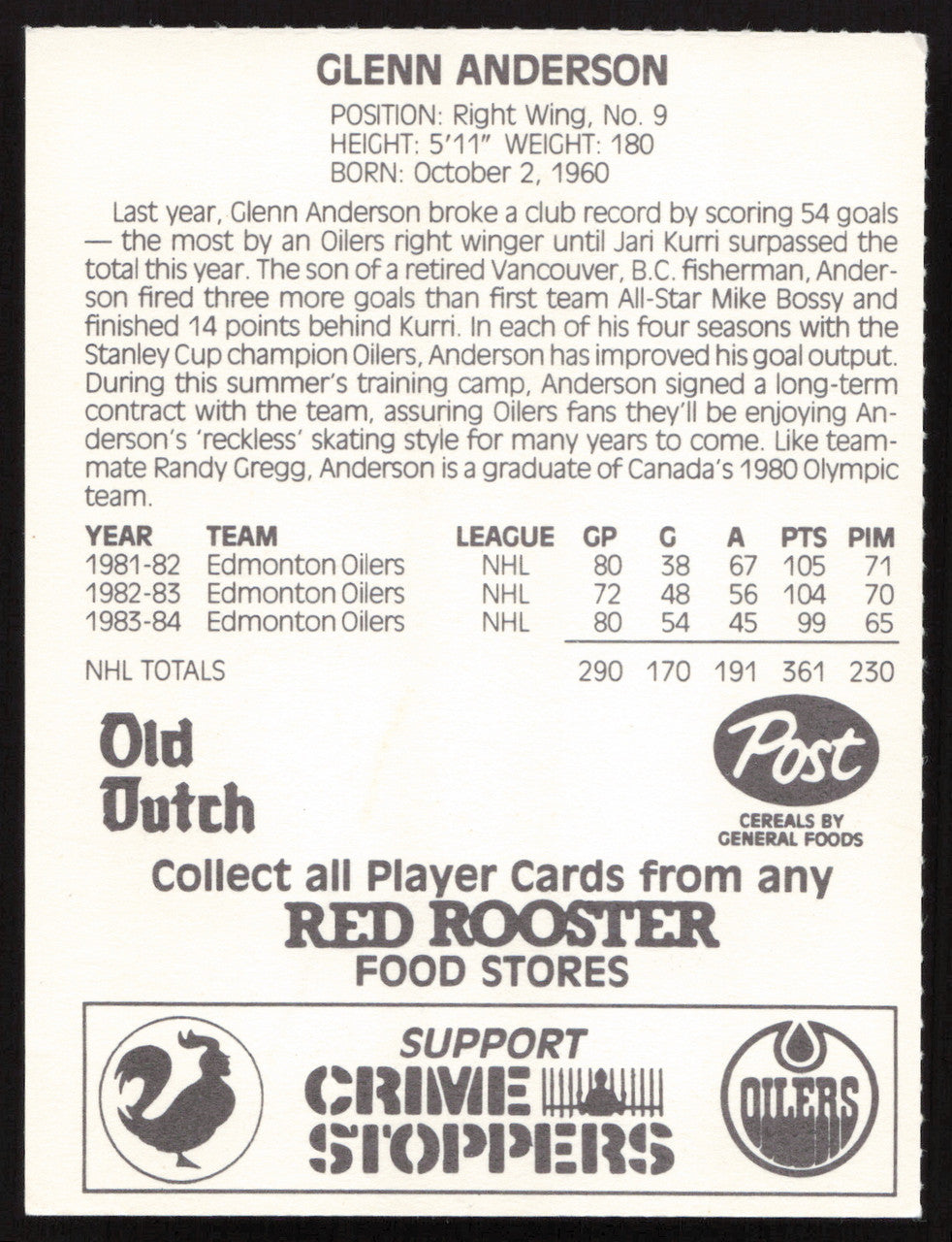 Glenn Anderson Autographed 1984-85 Post Red Rooster Card Edmonton Oilers SKU #258361