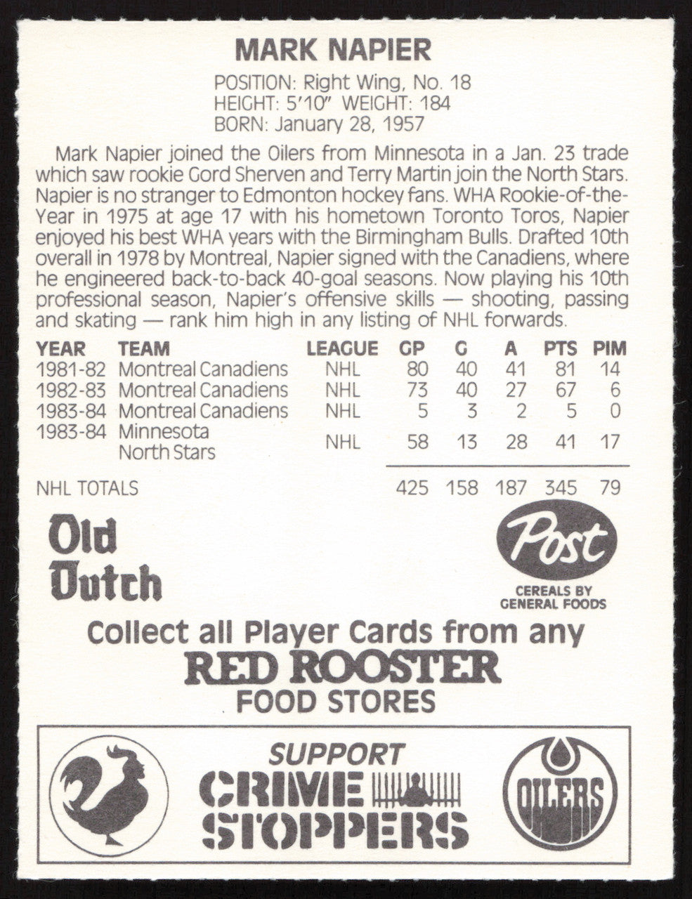 Mark Napier Autographed 1984-85 Post Red Rooster Card Edmonton Oilers SKU #258362