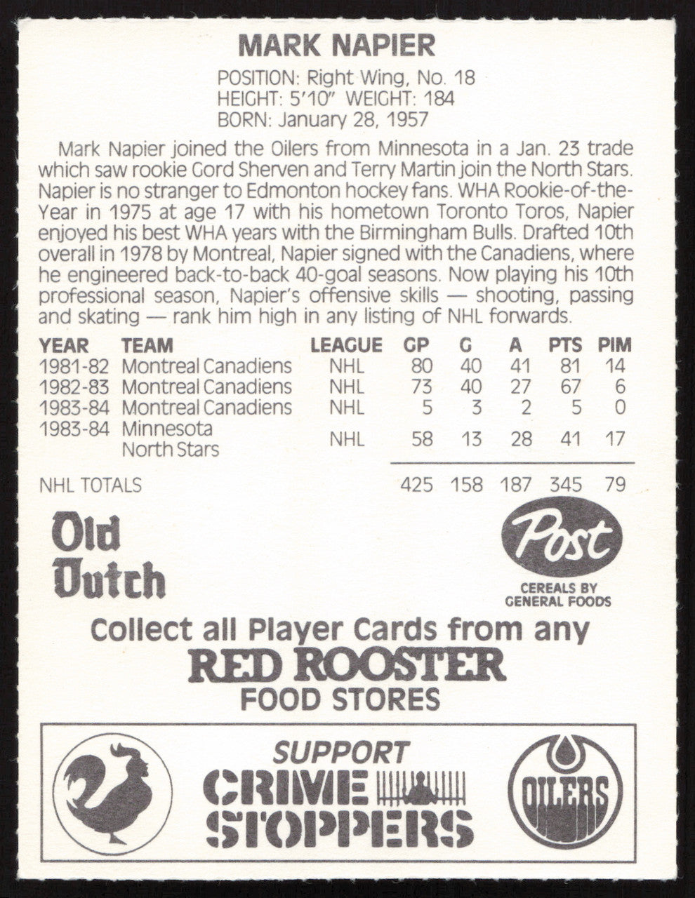 Mark Napier Autographed 1984-85 Post Red Rooster Card Edmonton Oilers SKU #258363