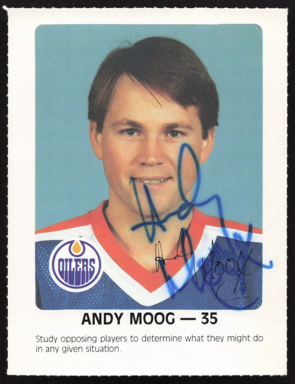 Andy Moog Autographed 1984-85 Post Red Rooster Card Edmonton Oilers SKU #258364