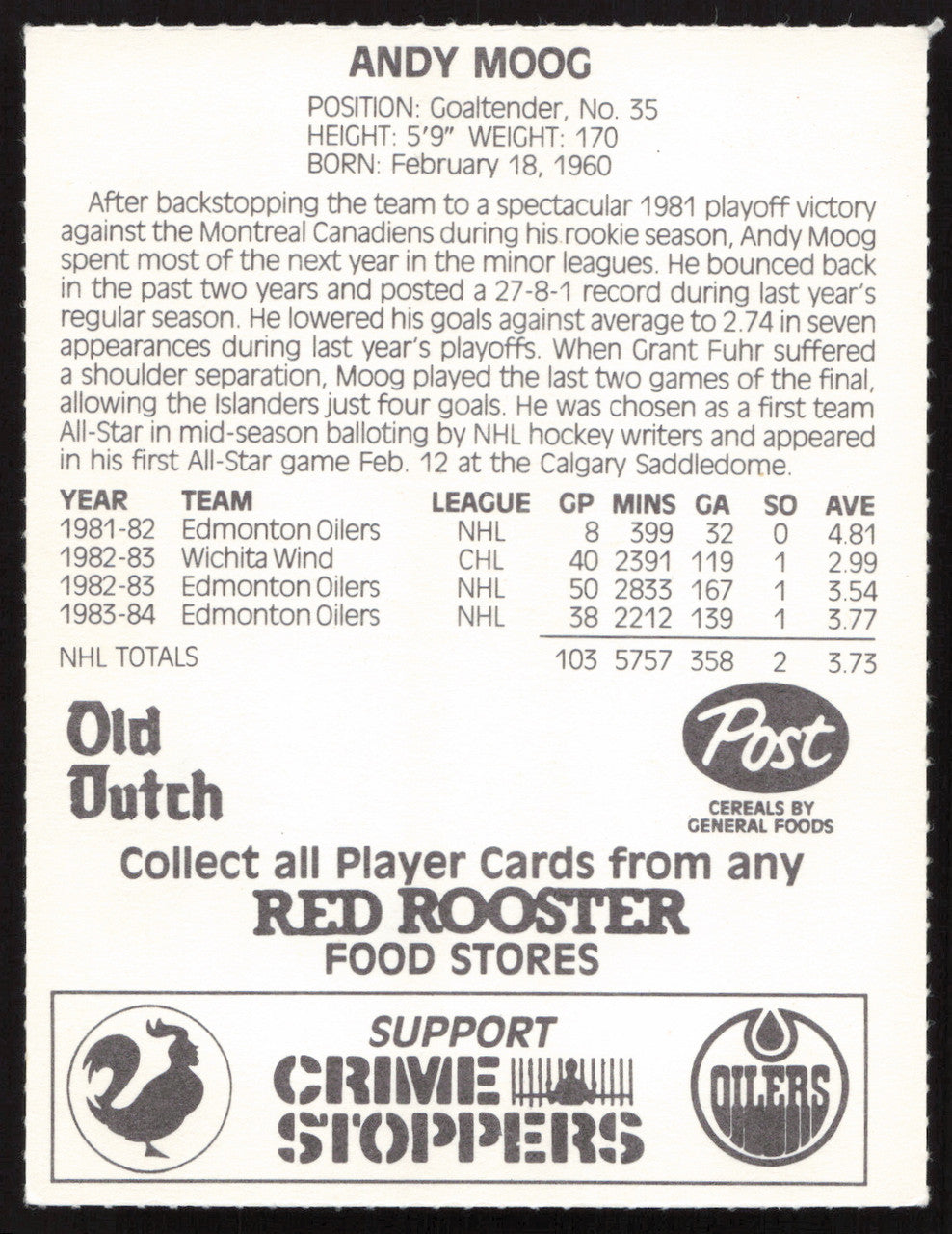 Andy Moog Autographed 1984-85 Post Red Rooster Card Edmonton Oilers SKU #258364