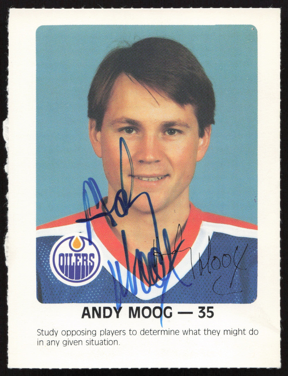 Andy Moog Autographed 1984-85 Post Red Rooster Card Edmonton Oilers SKU #258365