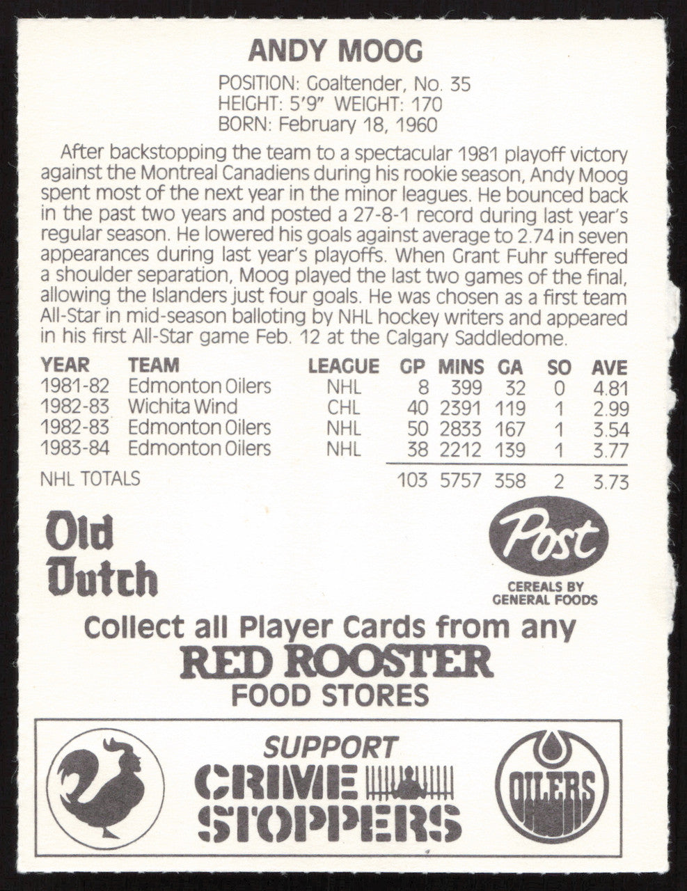 Andy Moog Autographed 1984-85 Post Red Rooster Card Edmonton Oilers SKU #258365