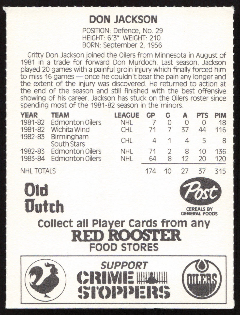 Don Jackson Autographed 1984-85 Post Red Rooster Card Edmonton Oilers SKU #258366
