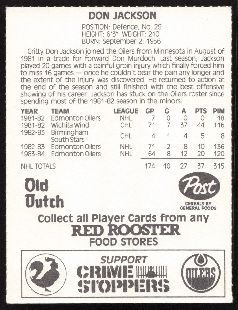 Don Jackson Autographed 1984-85 Post Red Rooster Card Edmonton Oilers SKU #258367