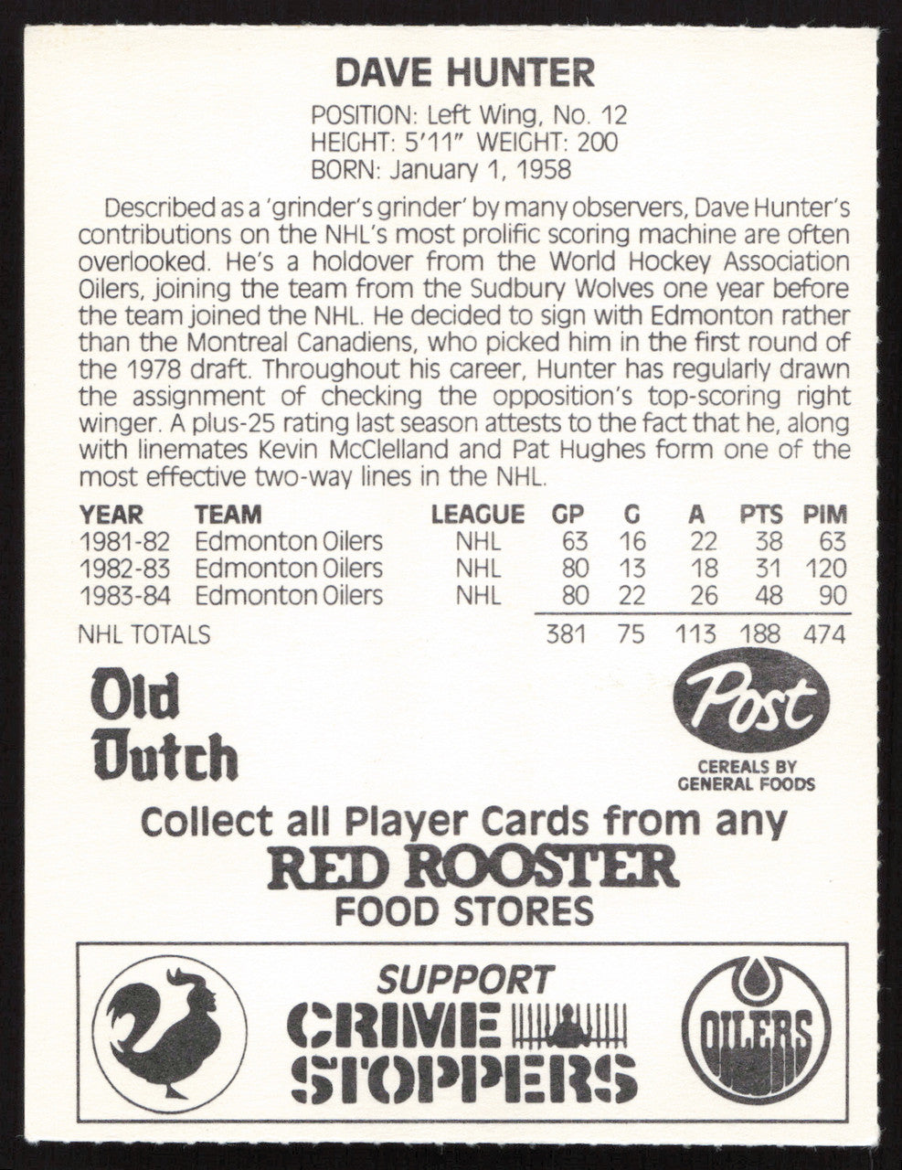 Dave Hunter Autographed 1984-85 Post Red Rooster Card Edmonton Oilers SKU #258368