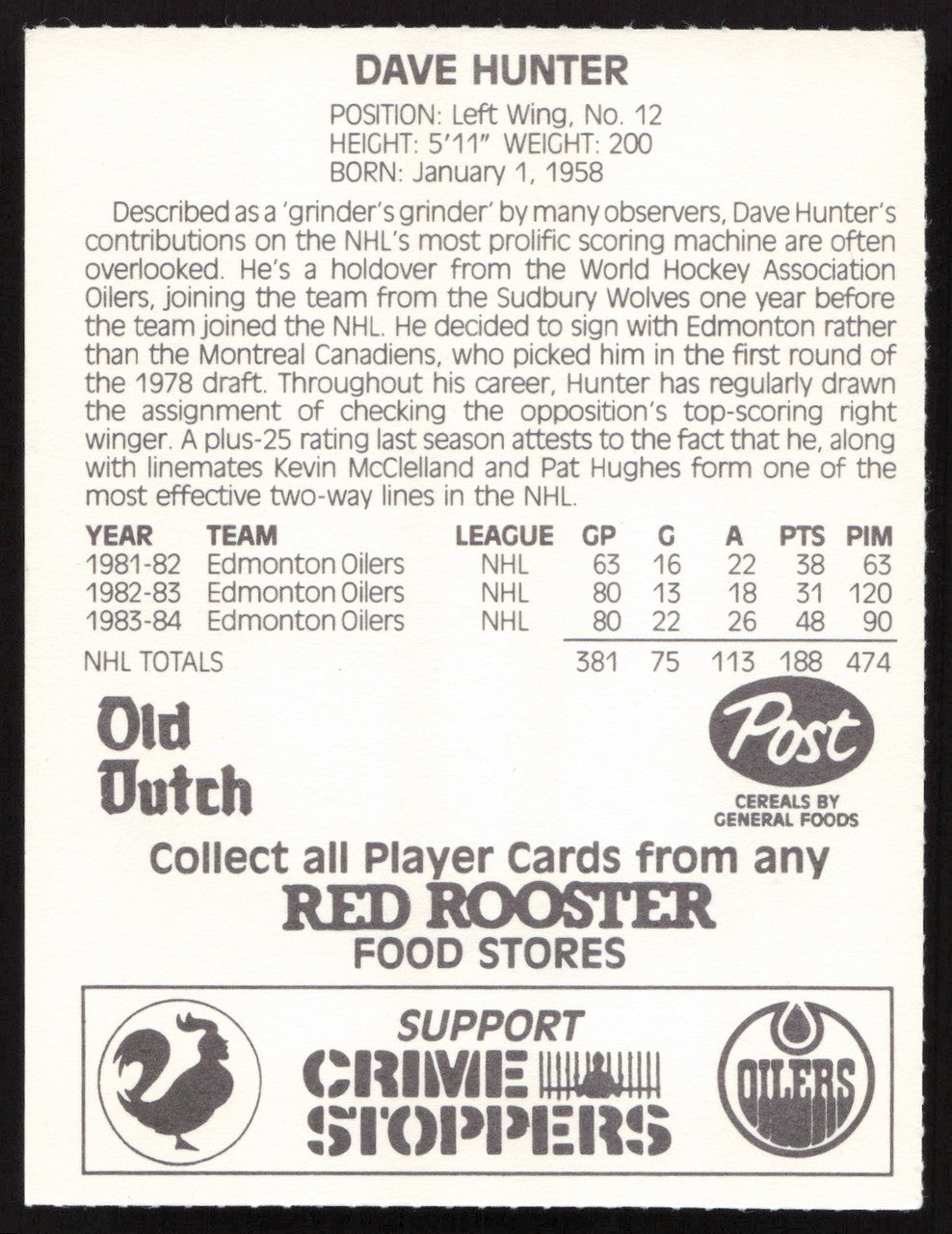 Dave Hunter Autographed 1984-85 Post Red Rooster Card Edmonton Oilers SKU #258369
