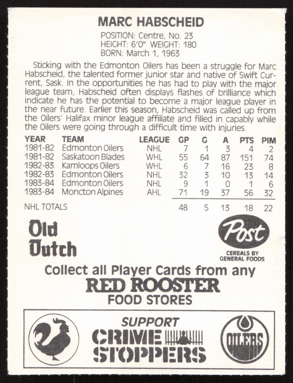 Marc Habscheid Autographed 1984-85 Post Red Rooster Card Edmonton Oilers SKU #258370