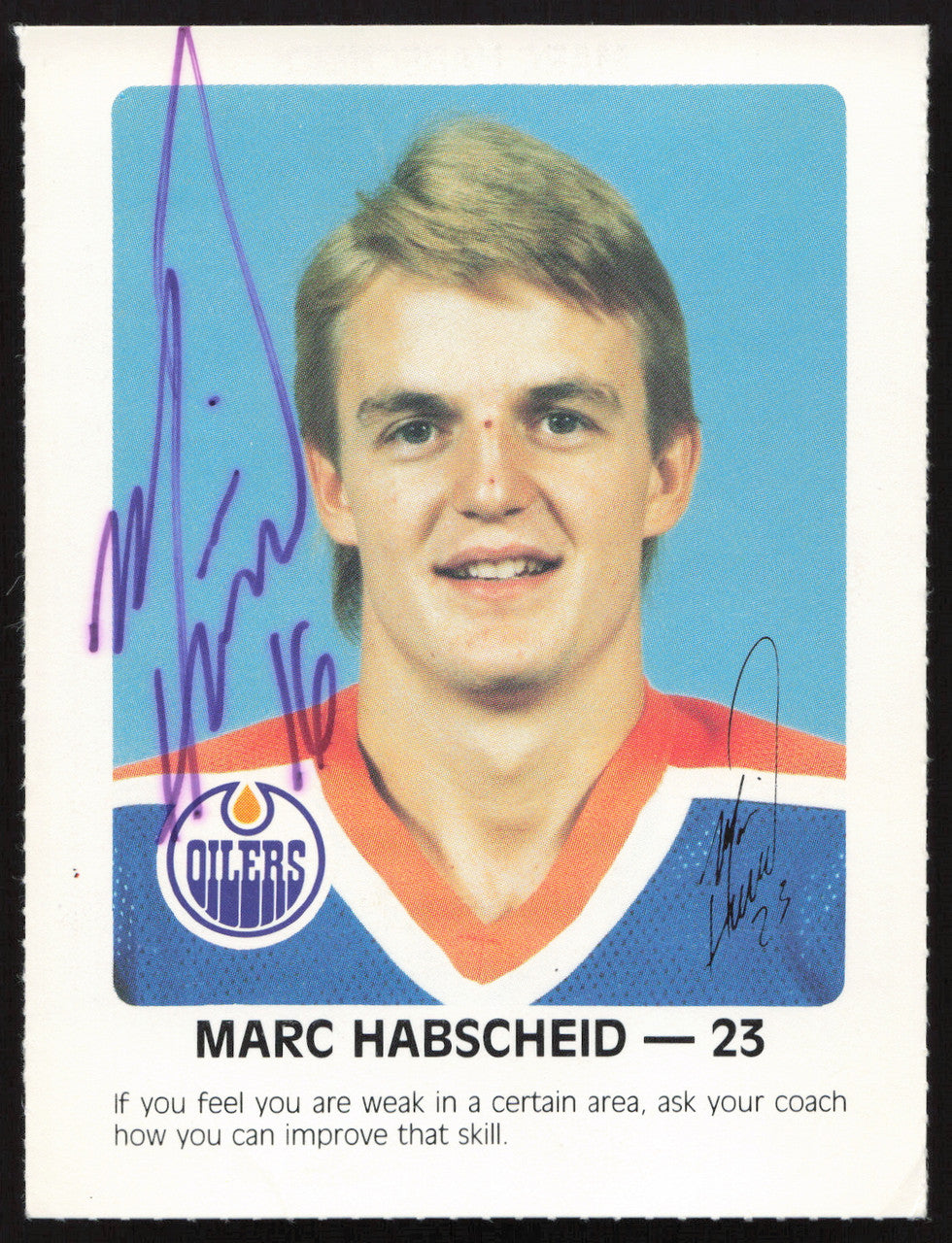 Marc Habscheid Autographed 1984-85 Post Red Rooster Card Edmonton Oilers SKU #258371
