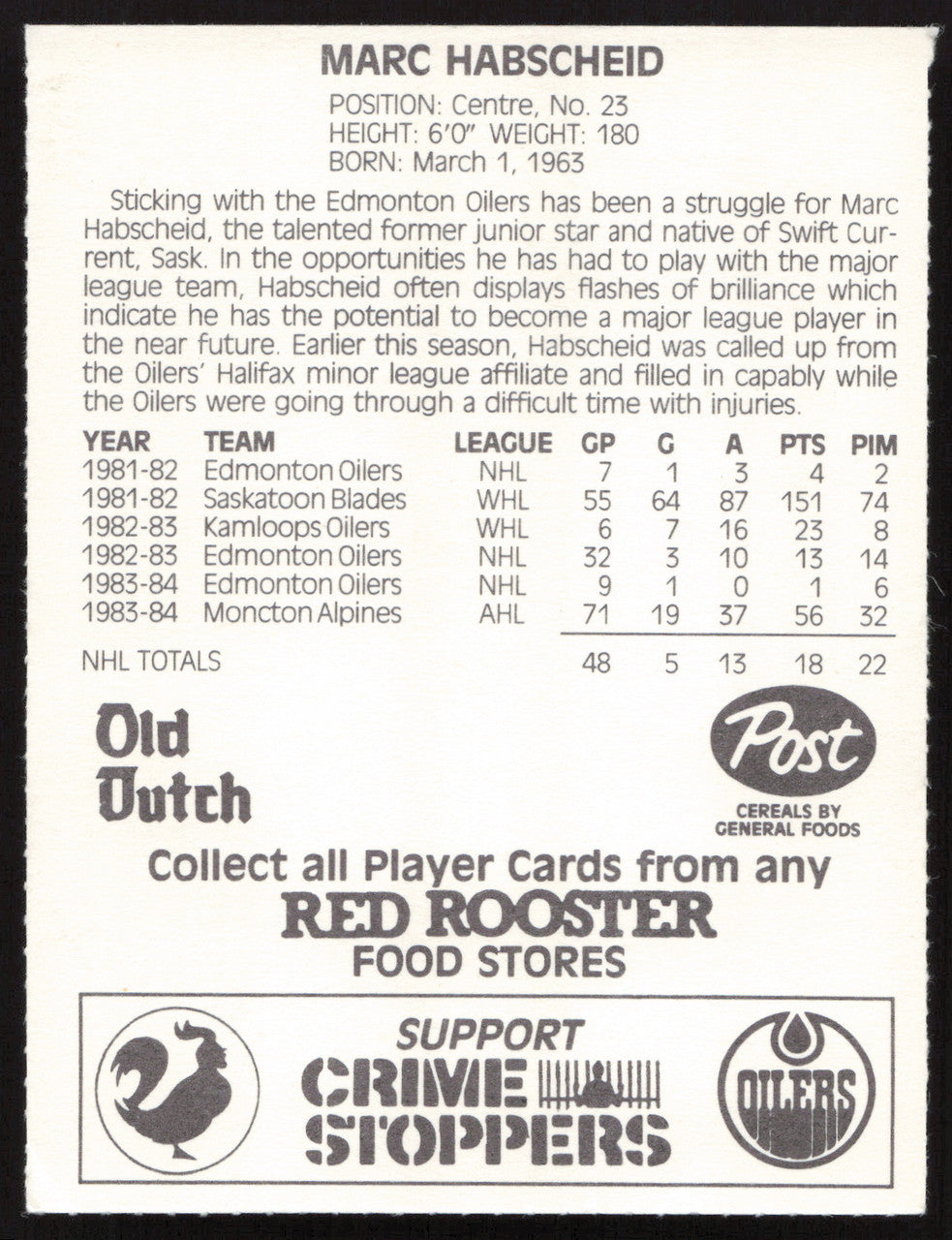 Marc Habscheid Autographed 1984-85 Post Red Rooster Card Edmonton Oilers SKU #258371