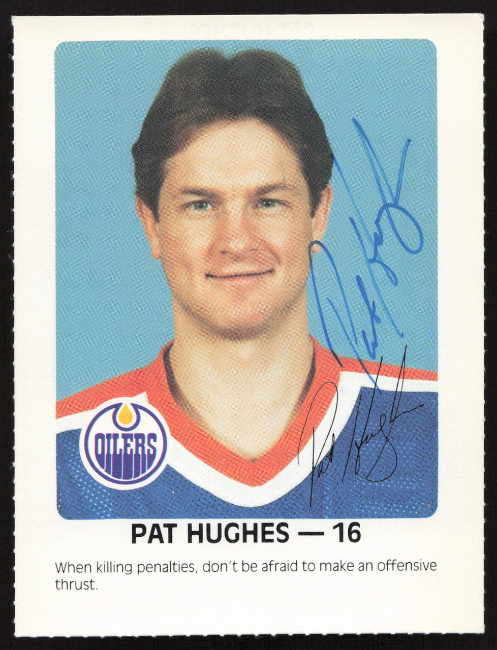 Pat Hughes Autographed 1984-85 Post Red Rooster Card Edmonton Oilers SKU #258372