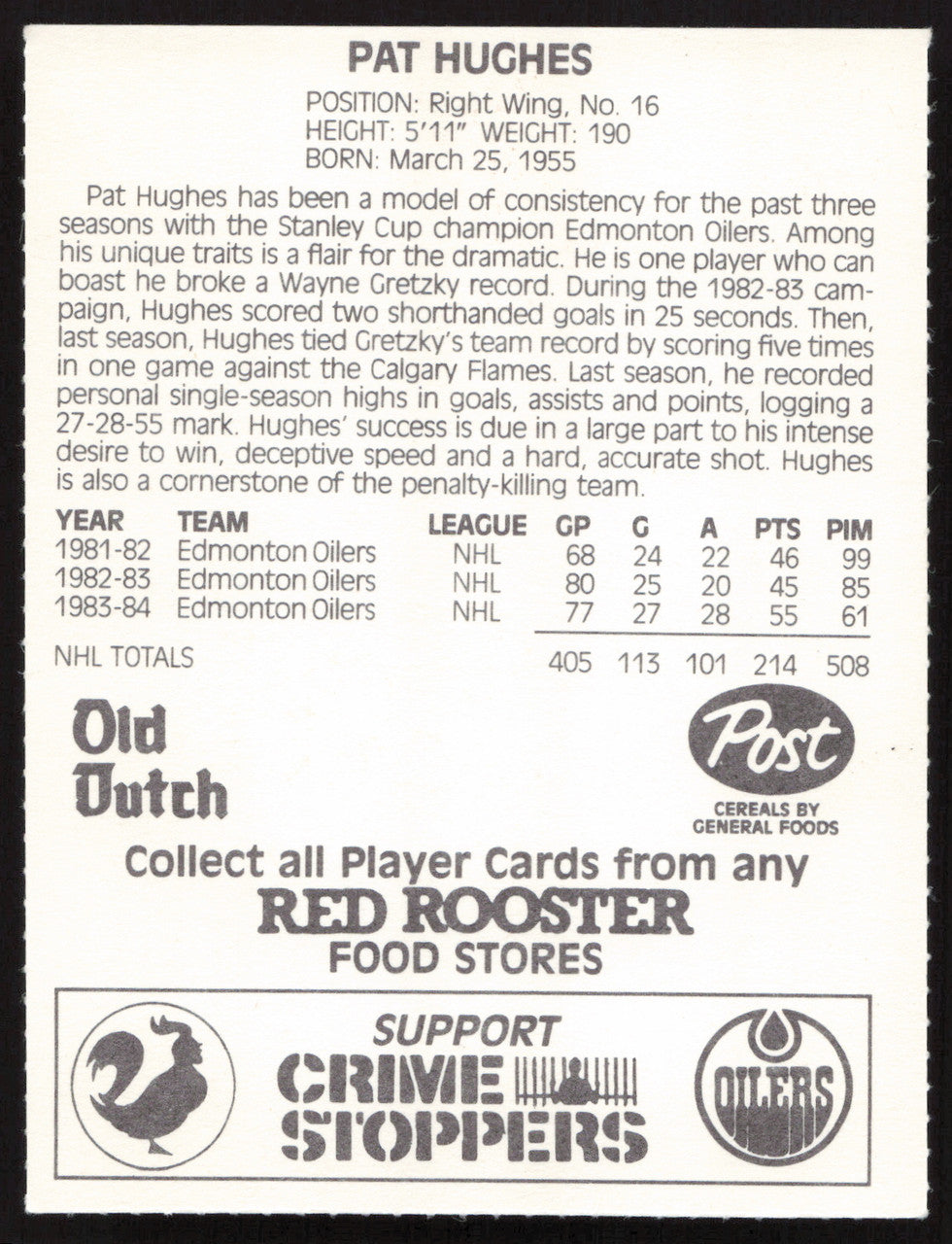 Pat Hughes Autographed 1984-85 Post Red Rooster Card Edmonton Oilers SKU #258372