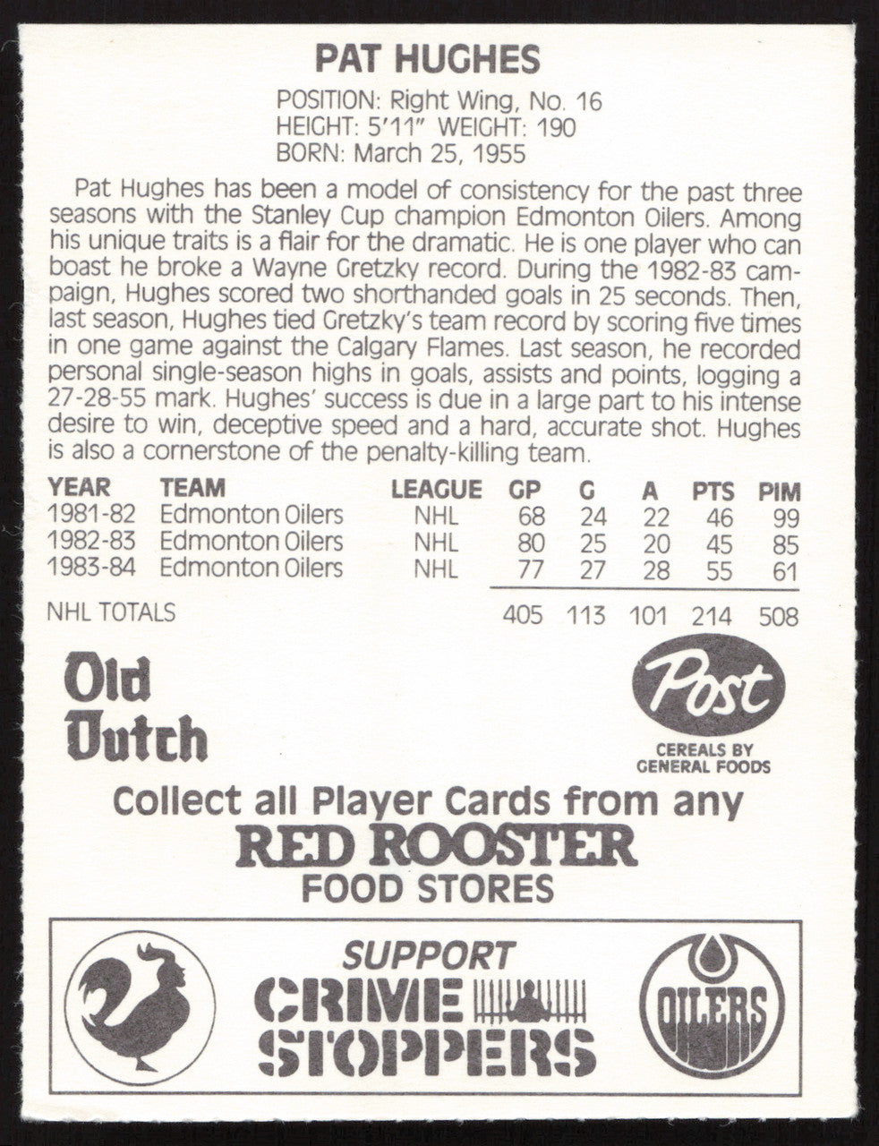 Pat Hughes Autographed 1984-85 Post Red Rooster Card Edmonton Oilers SKU #258373